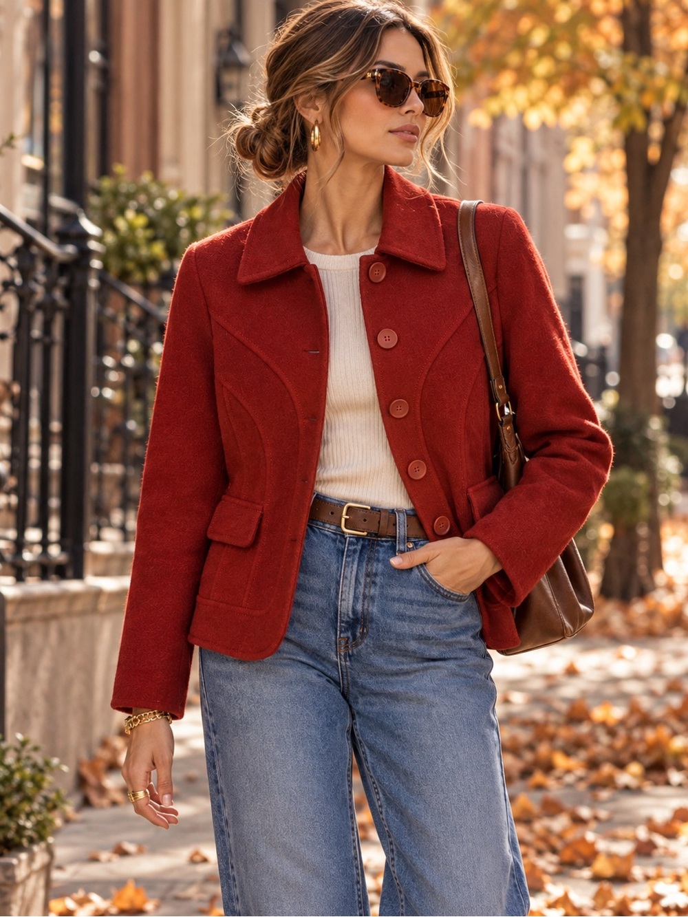 Harve Benard 100% Wool Rust Red Utility Jacket Button Front Seamed Large